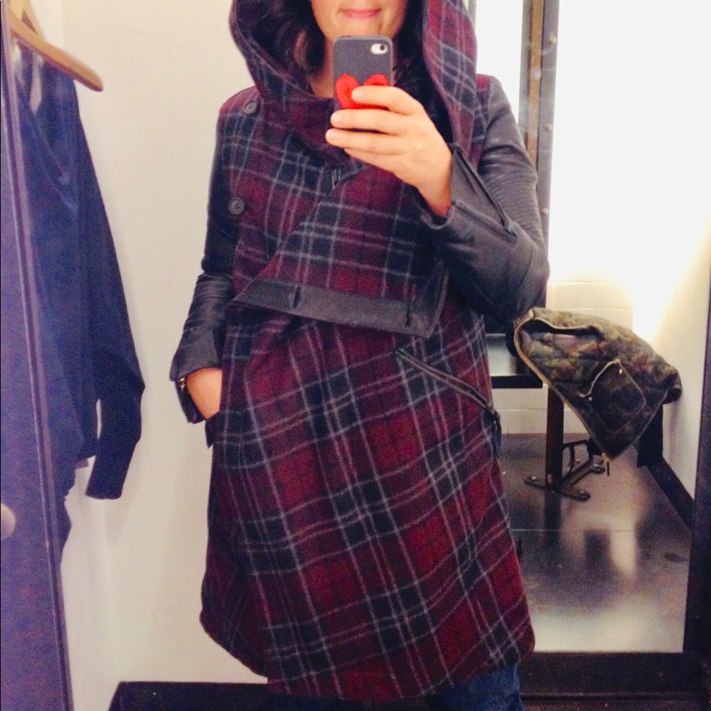 All Saints Lambskin Leather + Wool plaid coat.